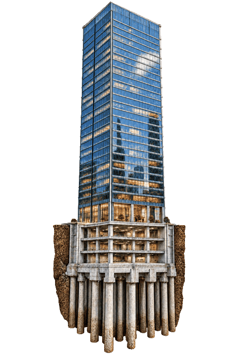 A skyscraper's facade is removed to reveal furnished, illuminated offices, then its structural core dismantles down to the foundation before rebuilding.